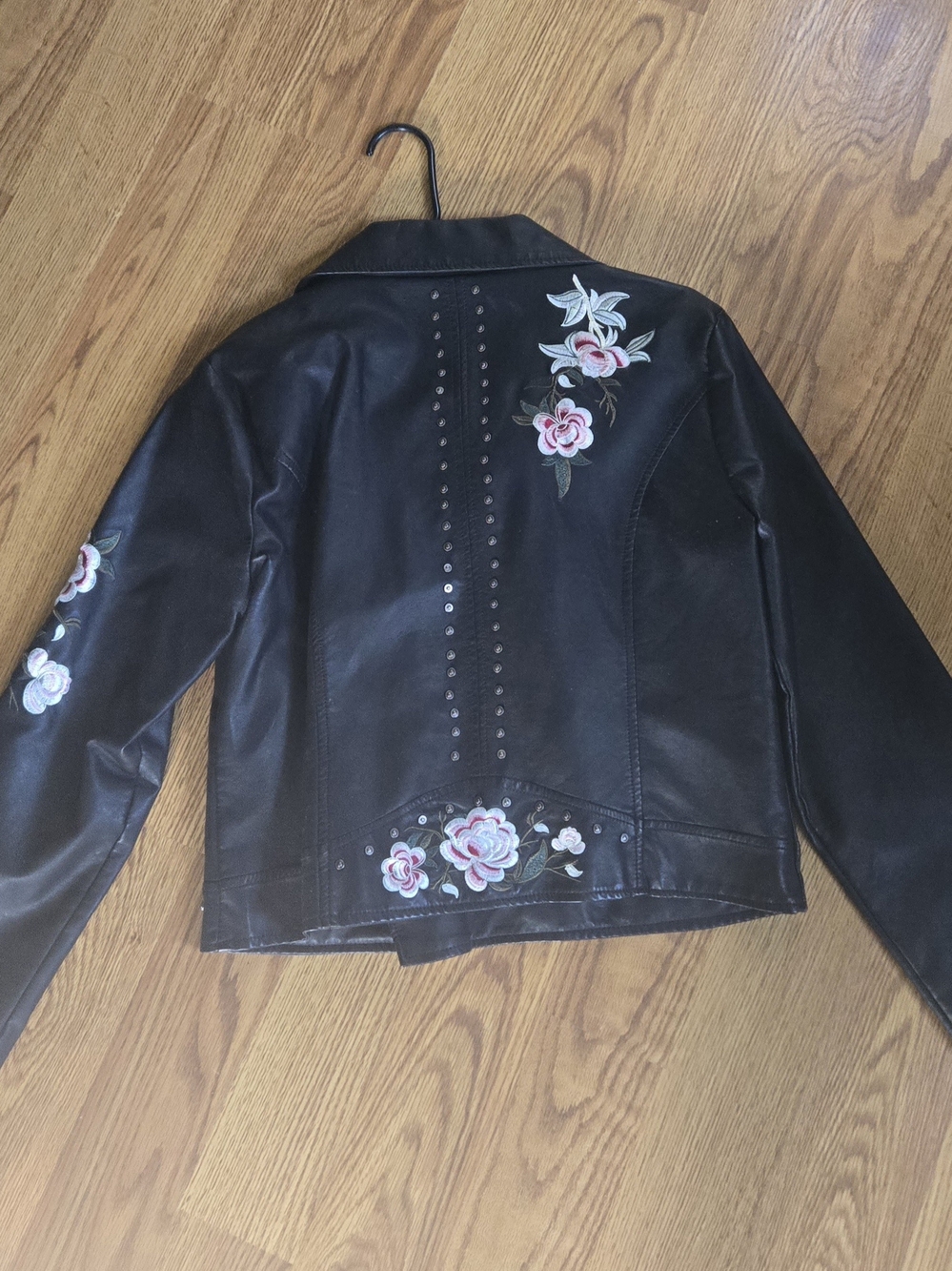 Black Floral Embroidered Faux Leather Jacket